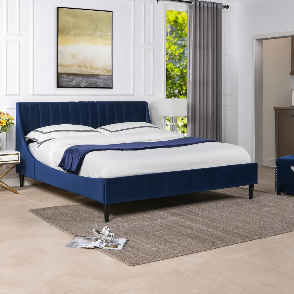 Aspen Vertical Tufted Headboard Platform Bed Set King Navy Blue Velvet jennifer taylor home