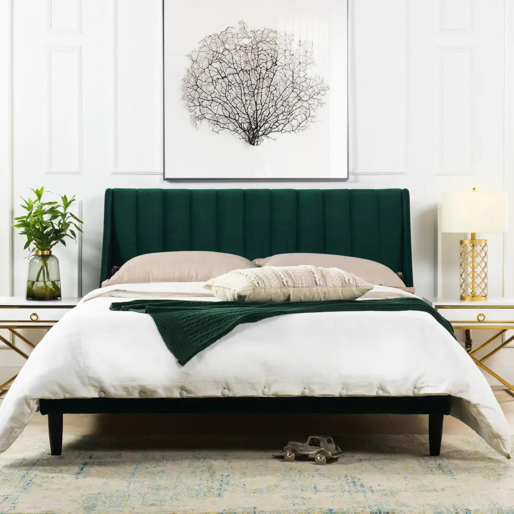 Aspen Vertical Tufted Modern Headboard Platform Bed Set Queen Size Evergreen jennifer taylor home