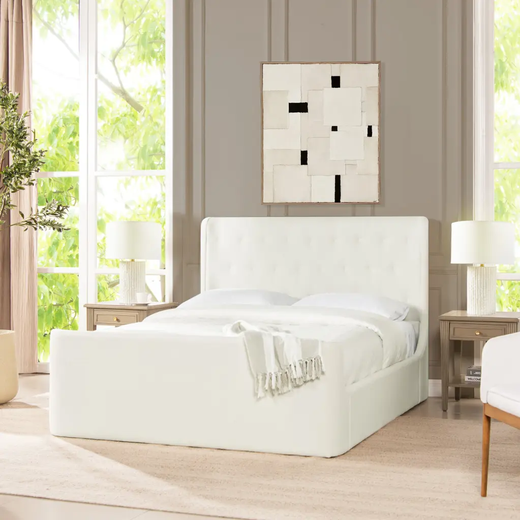 Brooks Tufted Shelter Platform Bed Queen Antique White Upholstered Bed Frame jennifer taylor home