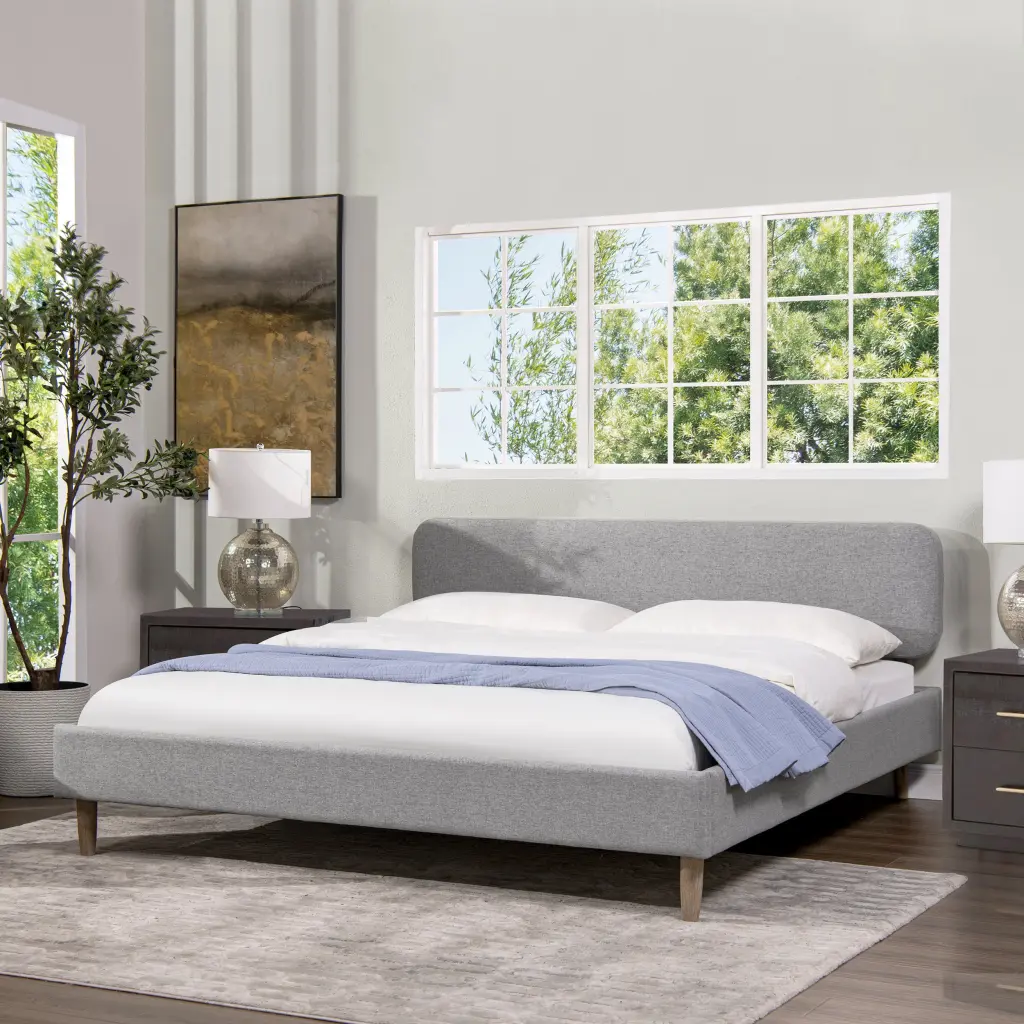 Diego Low Upholstered Platform Bed King Size Light Grey Polyester jennifer taylor home