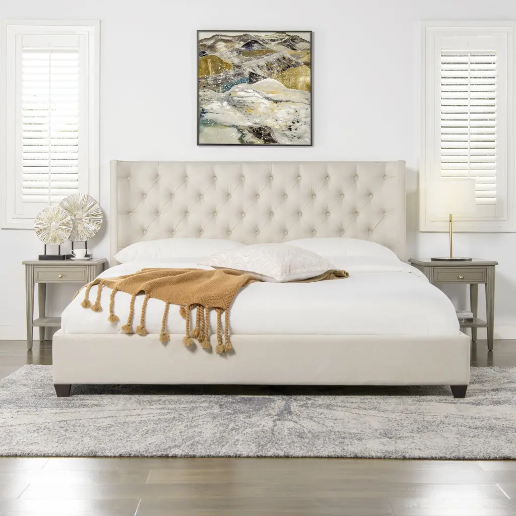 Manhattan Shelter King Platform Bed Frame Light Beige Linen Box Spring Modern jennifer taylor home