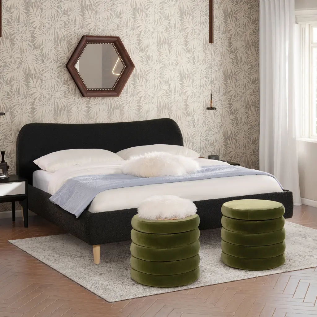 Roman Upholstered Platform Bed Curved Headboard King Size Ebony Black jennifer taylor home