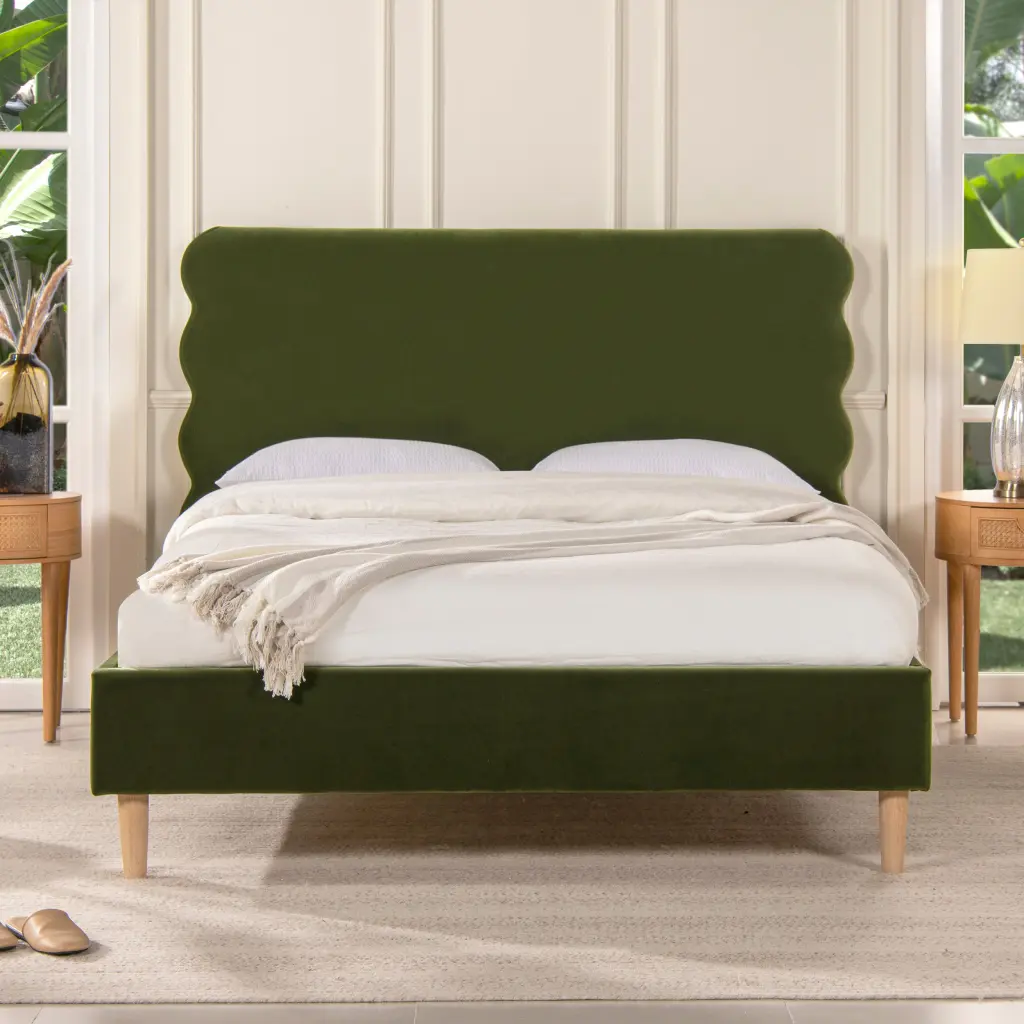 Stockholm Modern Wavy Headboard Platform Bed Queen Olive Green Perforated jennifer taylor home