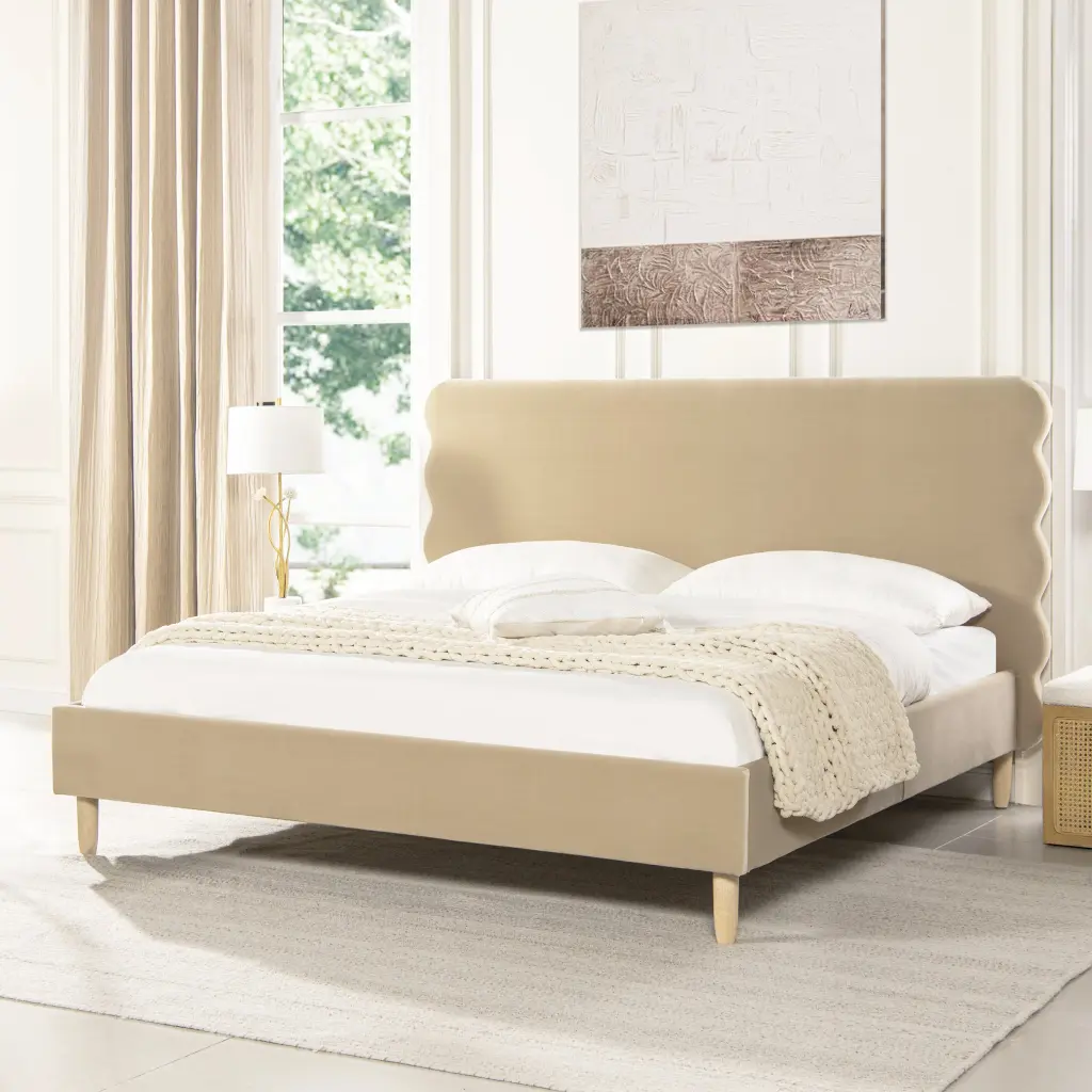 Stockholm Modern Wavy Headboard Platform Bed King Fawn Brown Upholstered jennifer taylor home