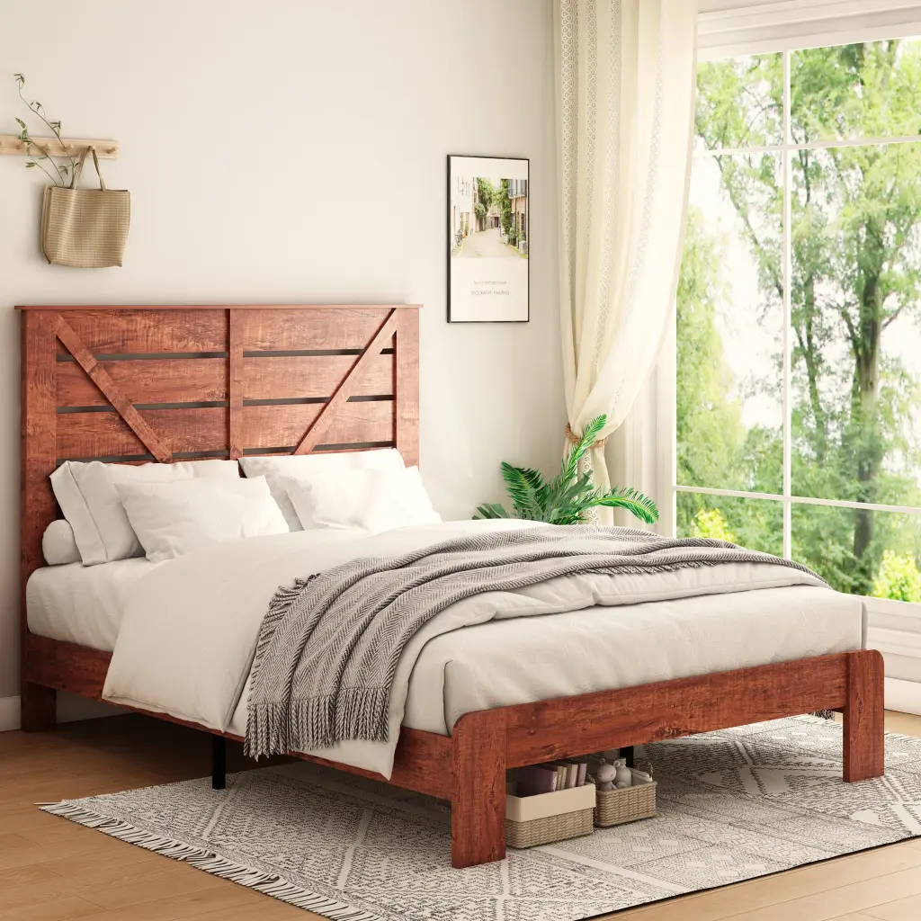 Full Bed Frame Headboard Wood Platform Bed Frame Noise Free No Box Spring Needed jhomier furniture