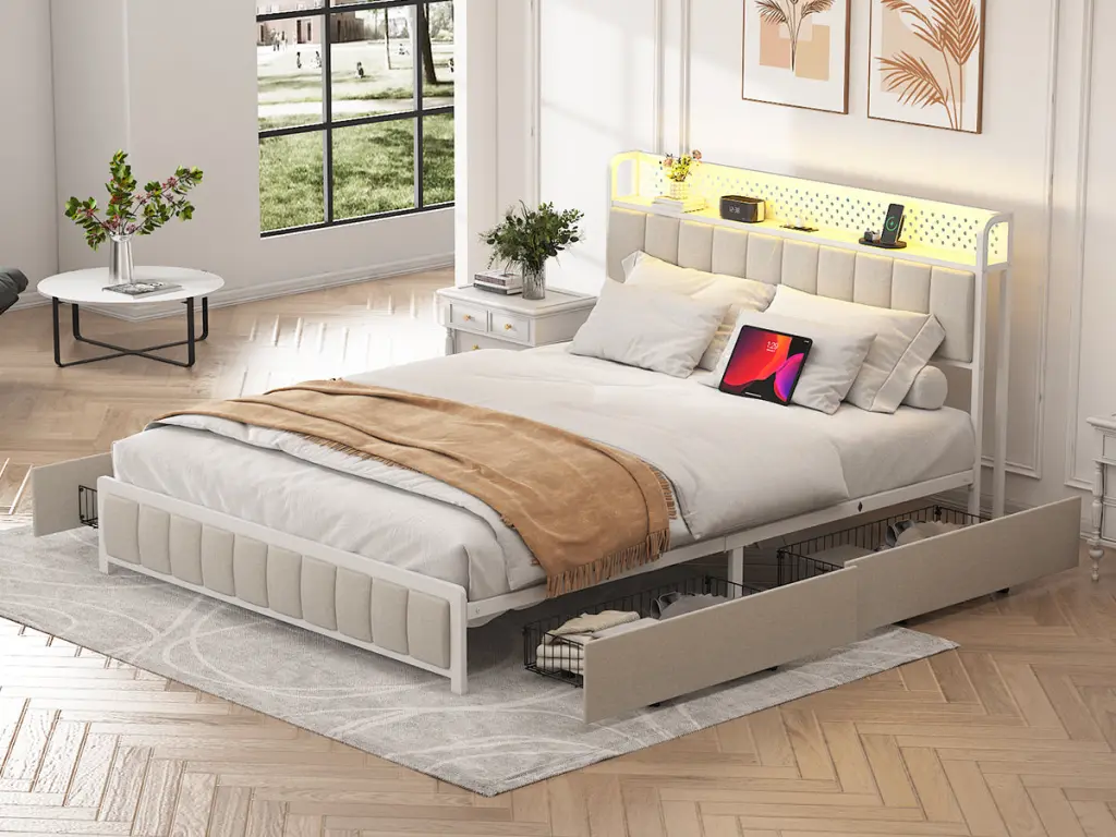 Full Dimensions Platform Bed 4 Drawers and LED Lights Metallic Bed Frame jhomier furniture