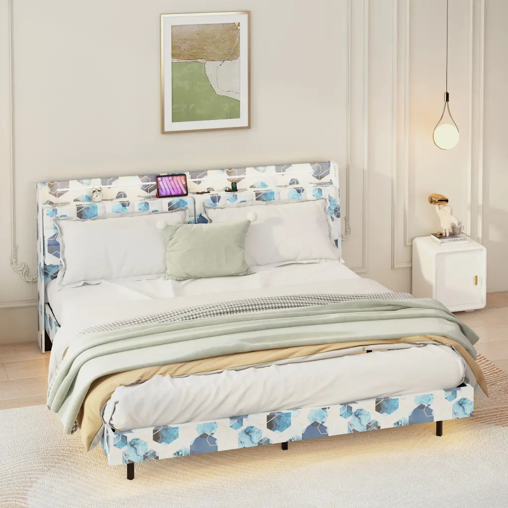 King Floating Bed Frame LED Light And Charging Station - Upholstered Platform Bed jhomier furniture