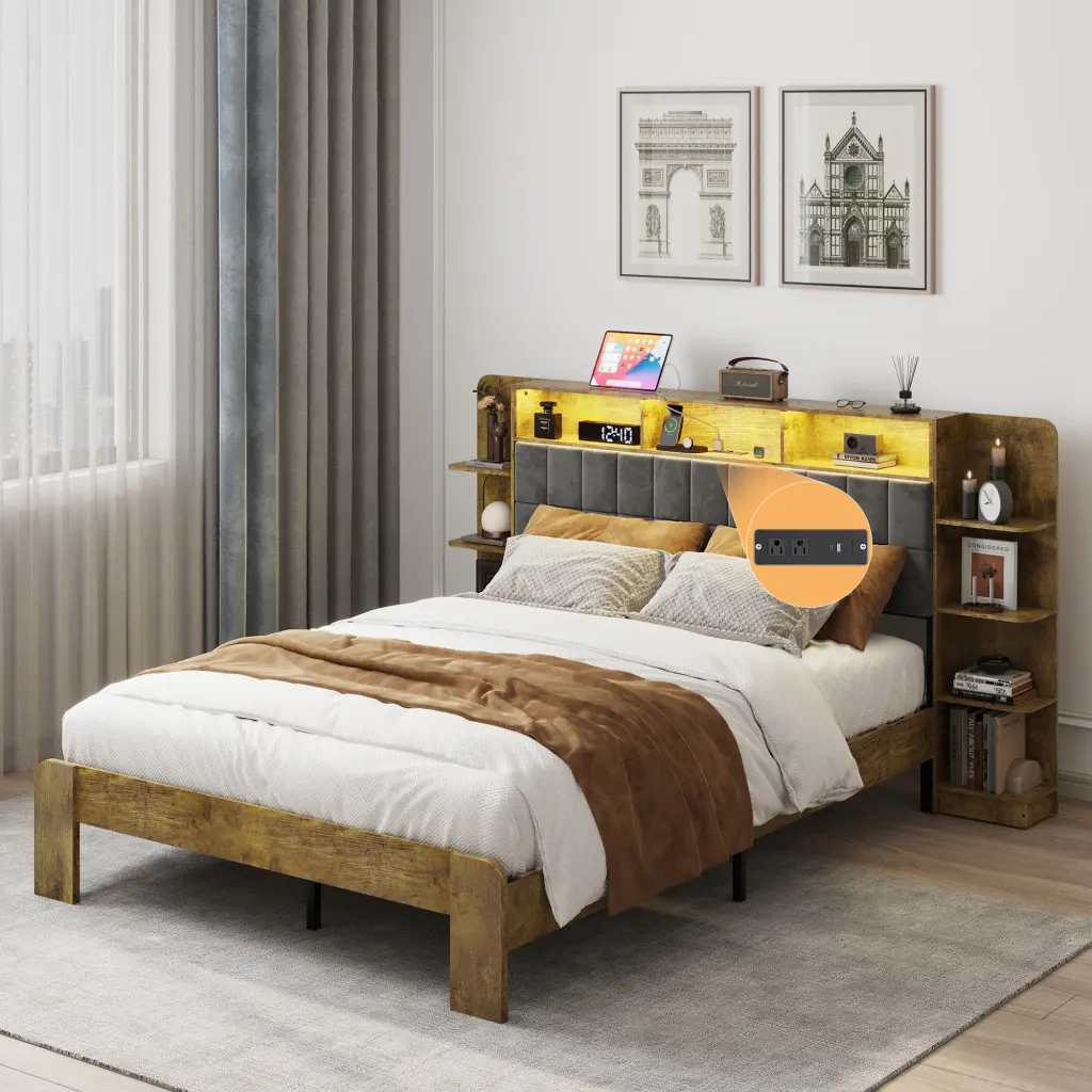 Queen Bed Frame Storage Platform Bed Queen Dimensions LED Lights jhomier furniture