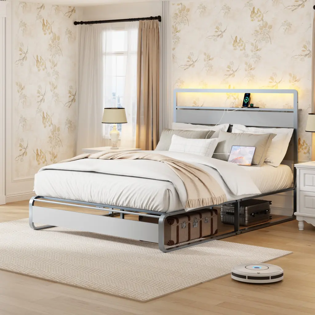 Queen Dimensions Bed Frame Headboard Metallic Platform Bed Frame Charging Station jhomier furniture