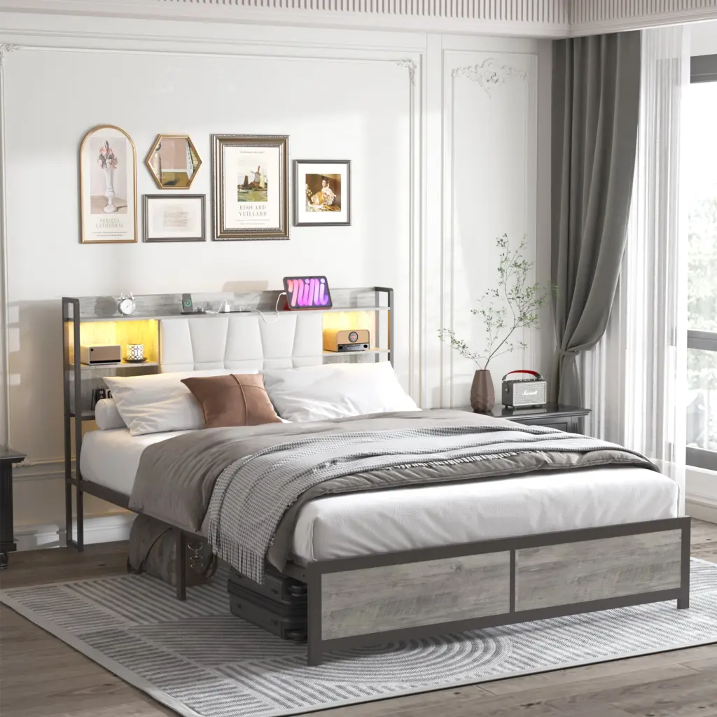 Queen Size Bed Frame Led Light & Power Outlet Platform Bed Storage jhomier furniture