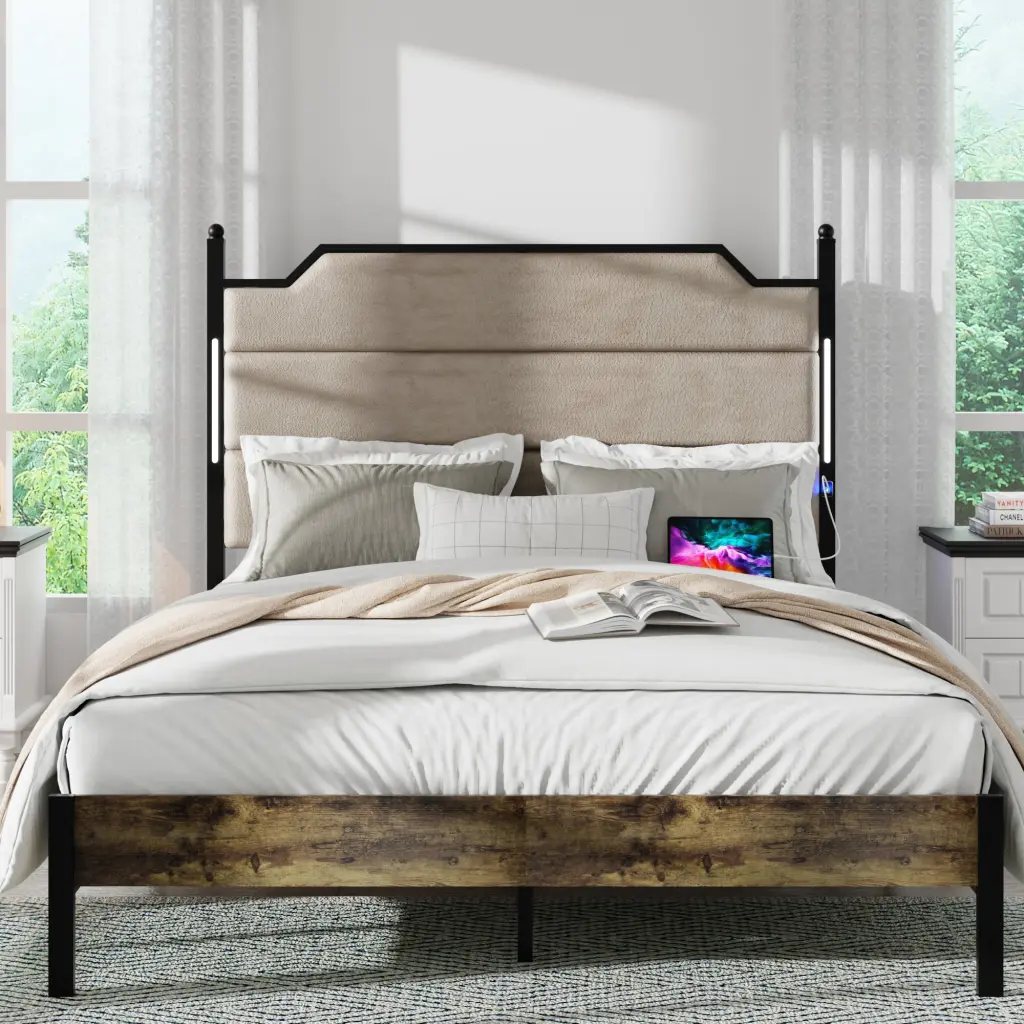 Queen Size Bed Frame Upholstered Headboard and Sturdy Metal Frame jhomier furniture