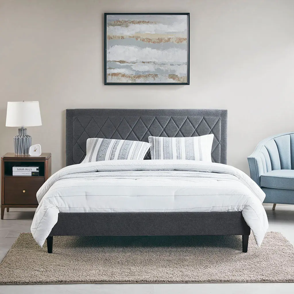 Rowen Queen Platform Bed Grey Polyester Upholstered Modern Bed Frame jla