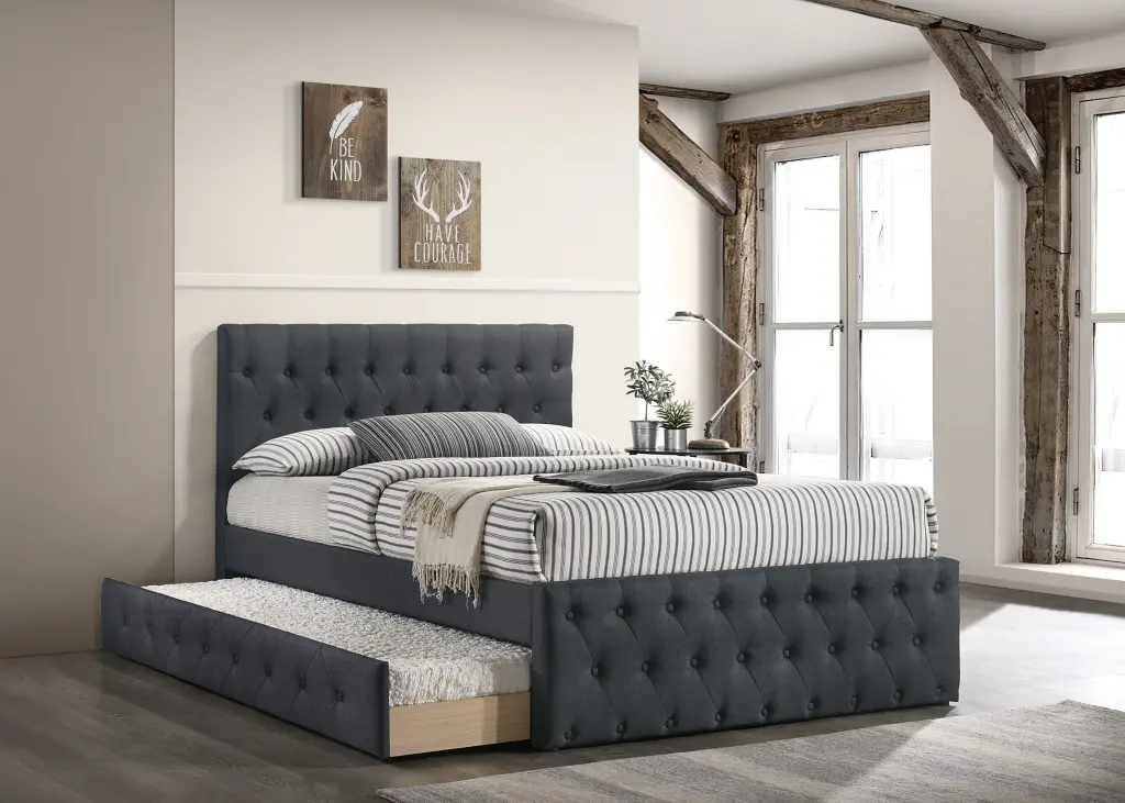 Contemporary Twin Size Bed Trundle Slats Charcoal Burlap Upholstered Frame kanepe