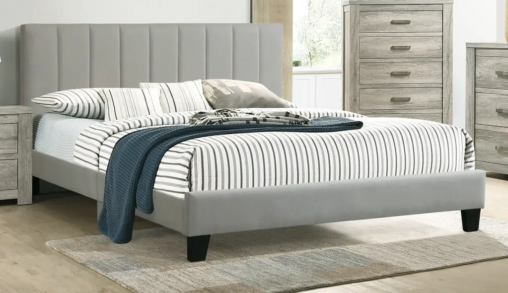 Full Size Bed Beautiful Gray Polyfiber Vertical Tufted HB Platform kanepe