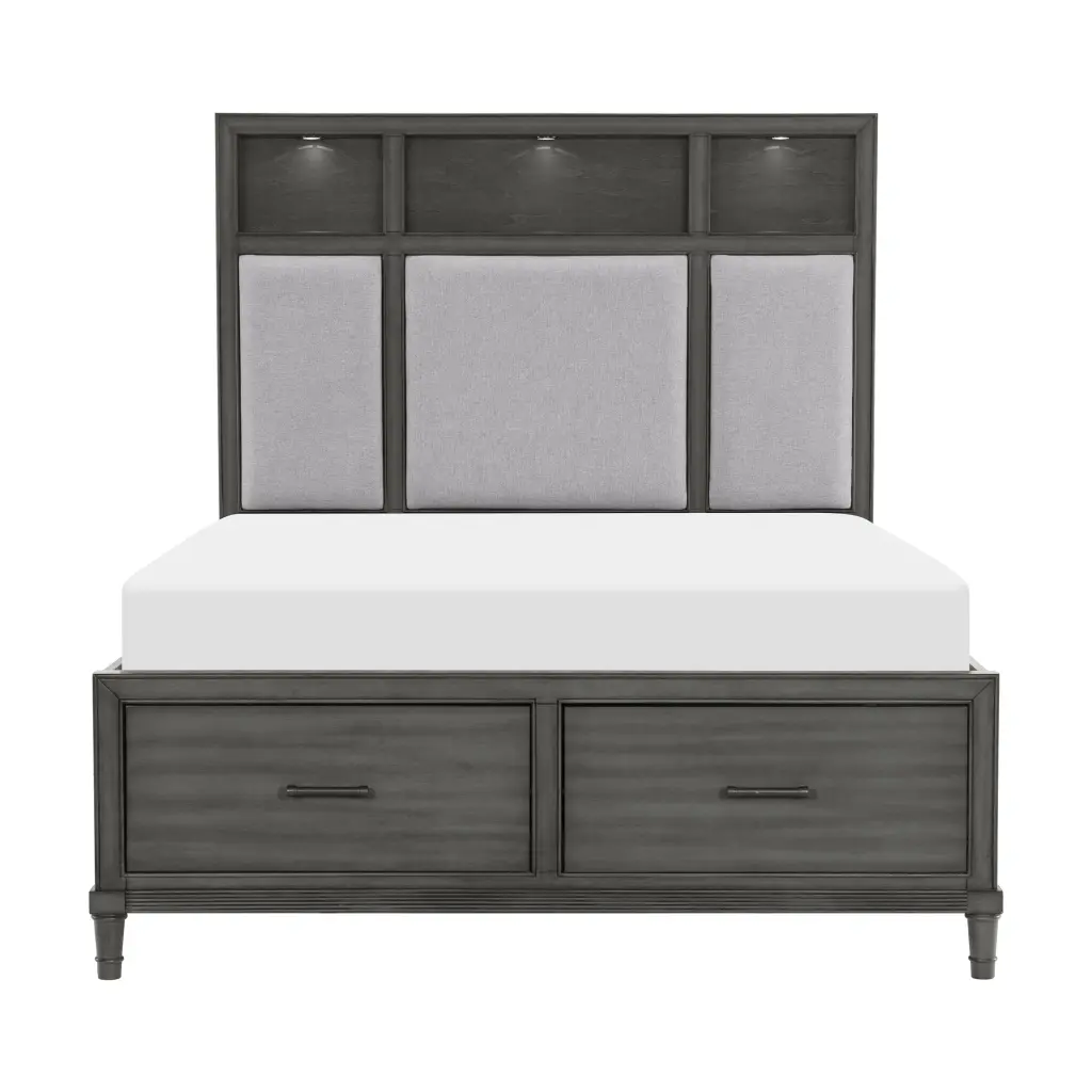 Gray Queen Platform Bed Storage Drawers Upholstered Headboard USB Ports kanepe
