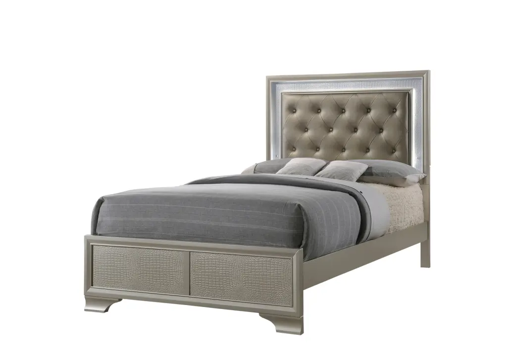 Modern Champagne Crocodile Skin Finish Upholstered 1Pc Twin Size Led Platform Bed kanepe