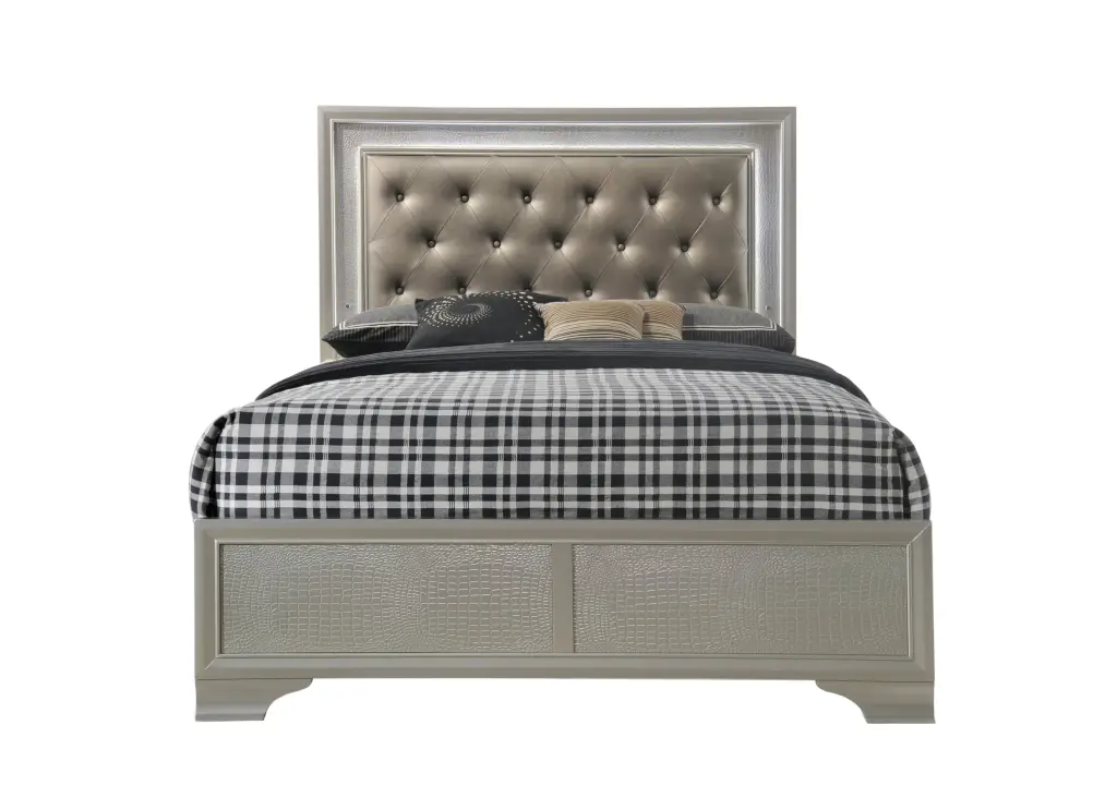 Modern Champagne Crocodile Skin Finish Upholstered Full Size LED Platform Bed kanepe