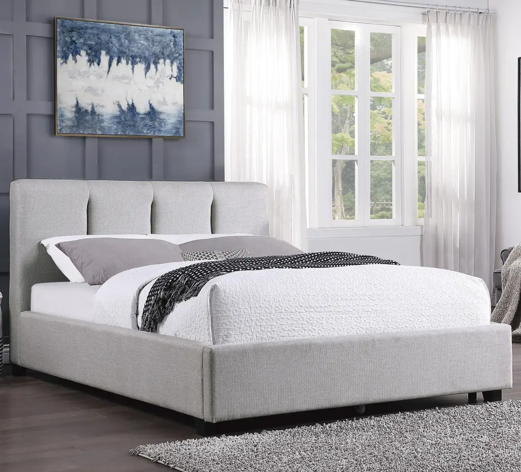 Modern Full Platform Bed Gray Upholstered 1Pc Solid Wood and Plywood Frame Headboard kanepe