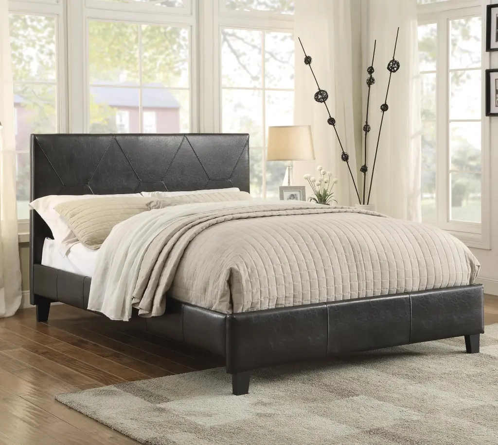 Modern Queen Platform Bed Dark Brown Faux Leather Upholstery Diamond Stitch kanepe