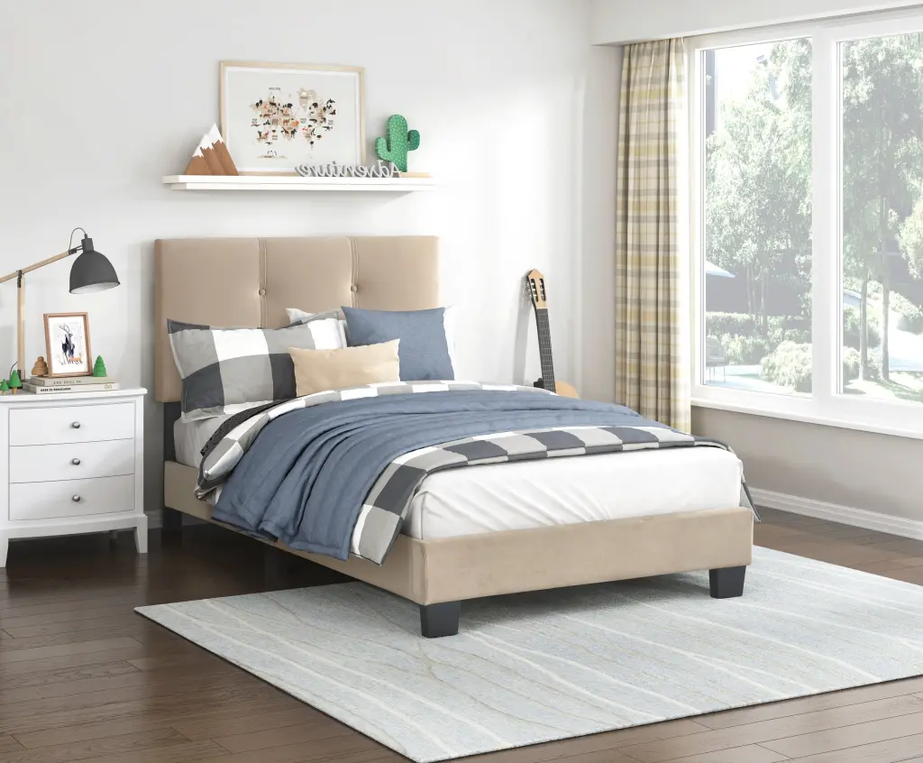 Twin Platform Bed Light Brown Velvet Upholstered Customizable Height kanepe