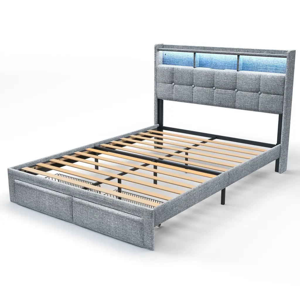 Queen Size Bed Frame Light Gray Wood Fabric Upholstered Platform Bed like it