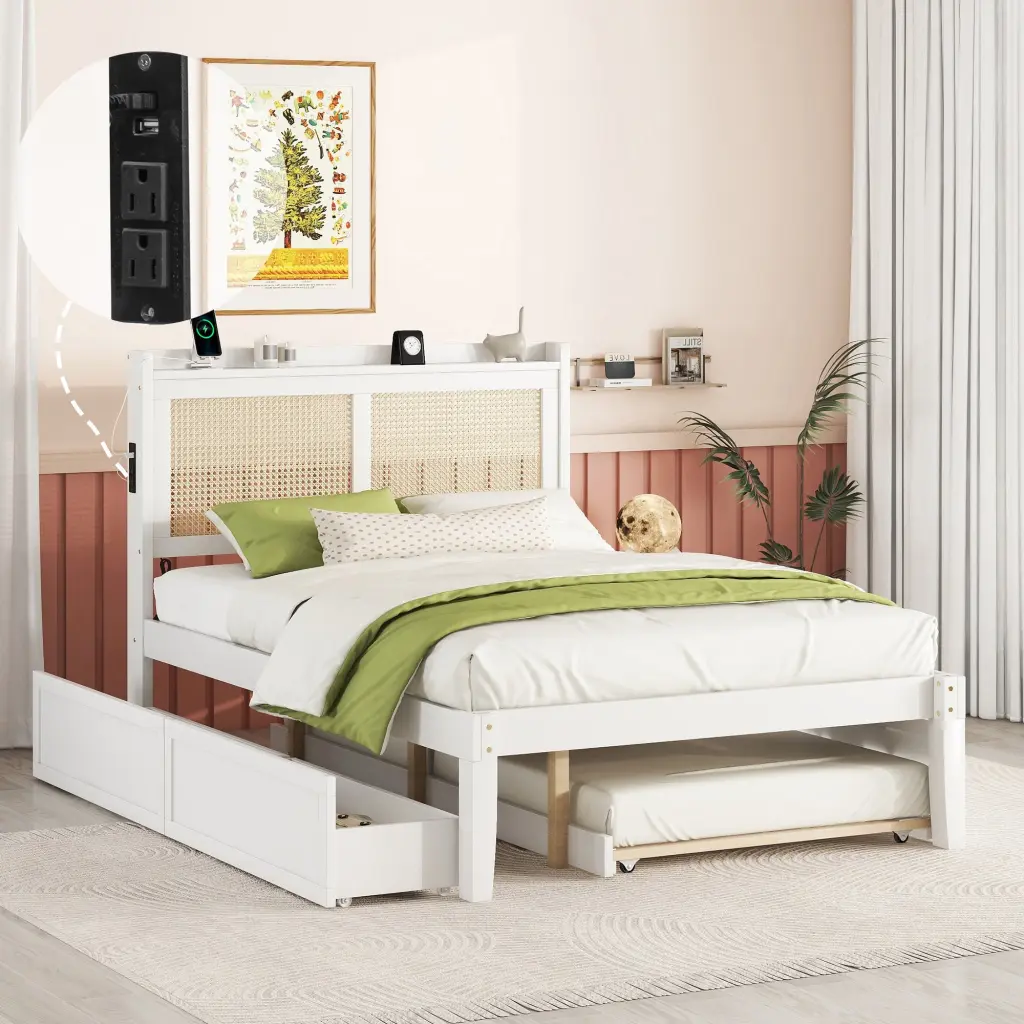Full Dimensions Elegant Bed Frame Rattan Headboard And Sockets White Finish lucky furniture
