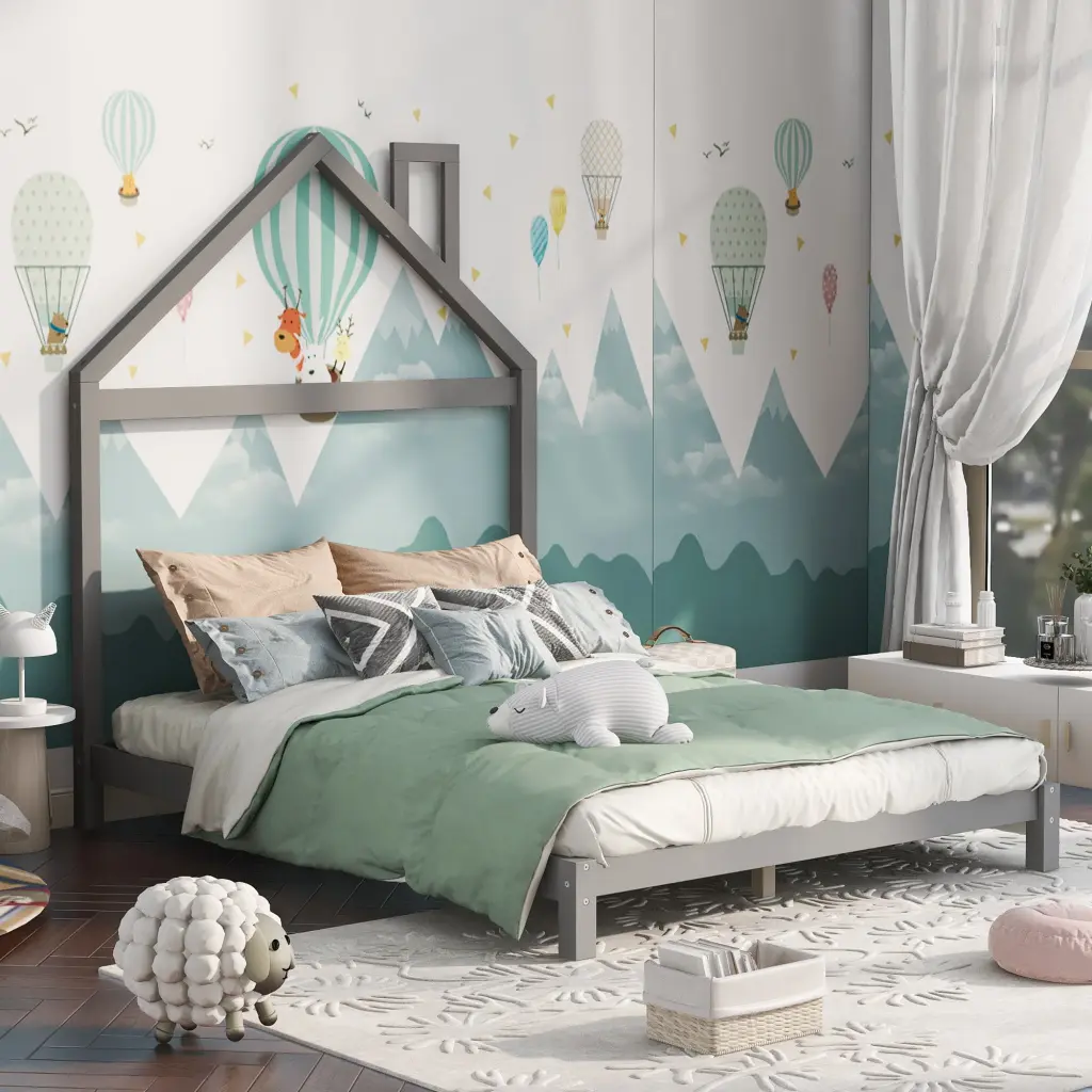 Full Dimensions Timber Platform Bed House Shaped Headboard Gray Gray Soli lucky furniture