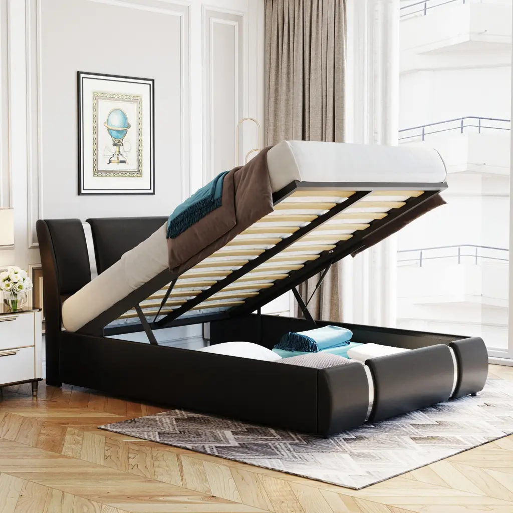 Full Dimensions Upholstered Faux Hide Platform Bed Hydraulic Storage lucky furniture