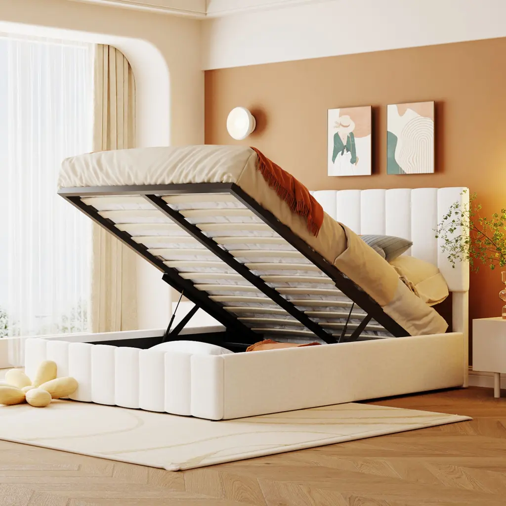 Full Dimensions Upholstered Platform Bed Hydraulic Storage System White lucky furniture