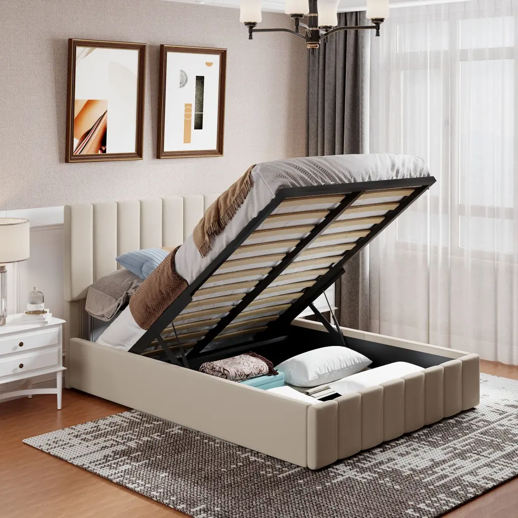 Full Dimensions Upholstered Platform Bed Hydraulic Storage System Bed Frame lucky furniture