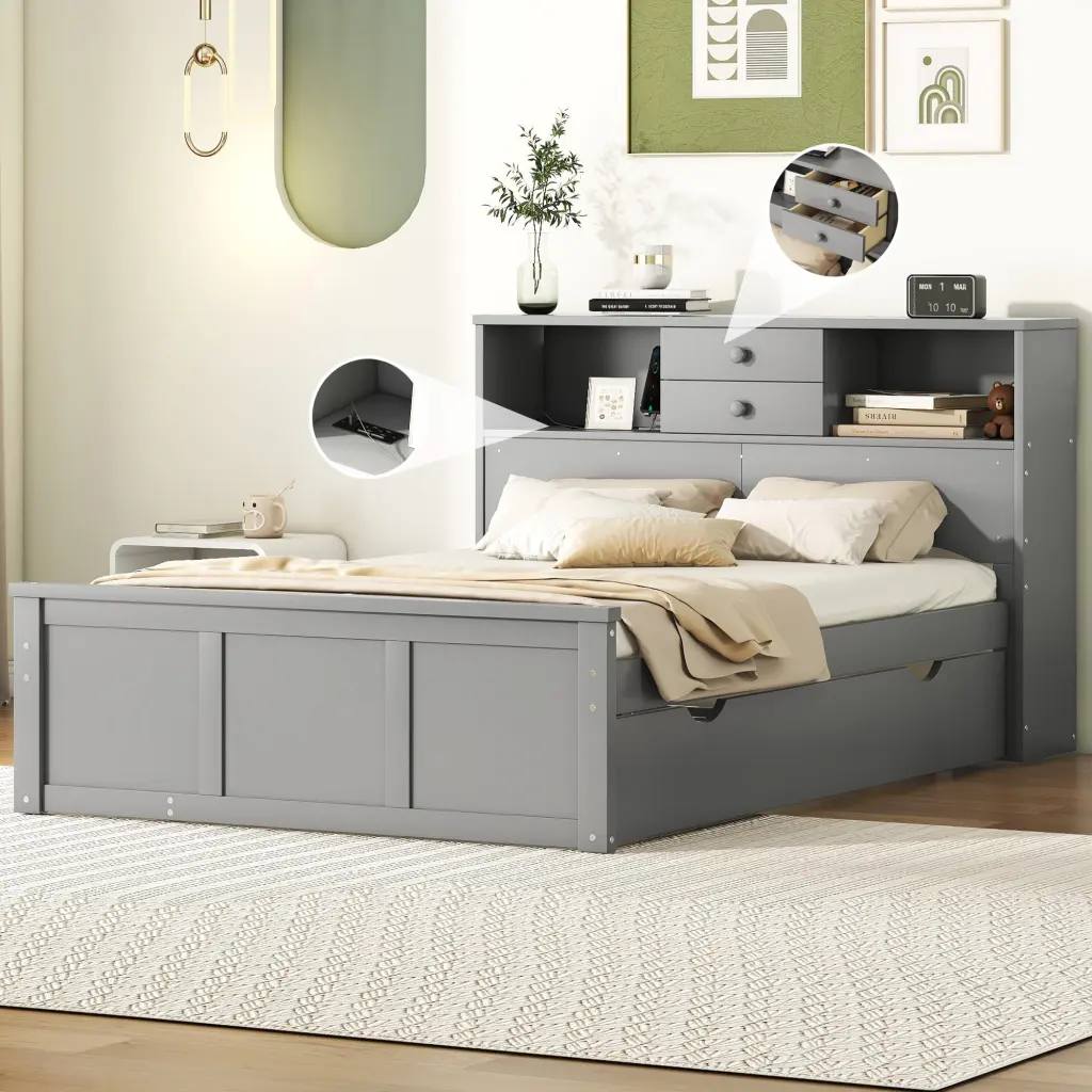 Full Dimensions Wood Platform Bed Trundle and 3 Drawers lucky furniture