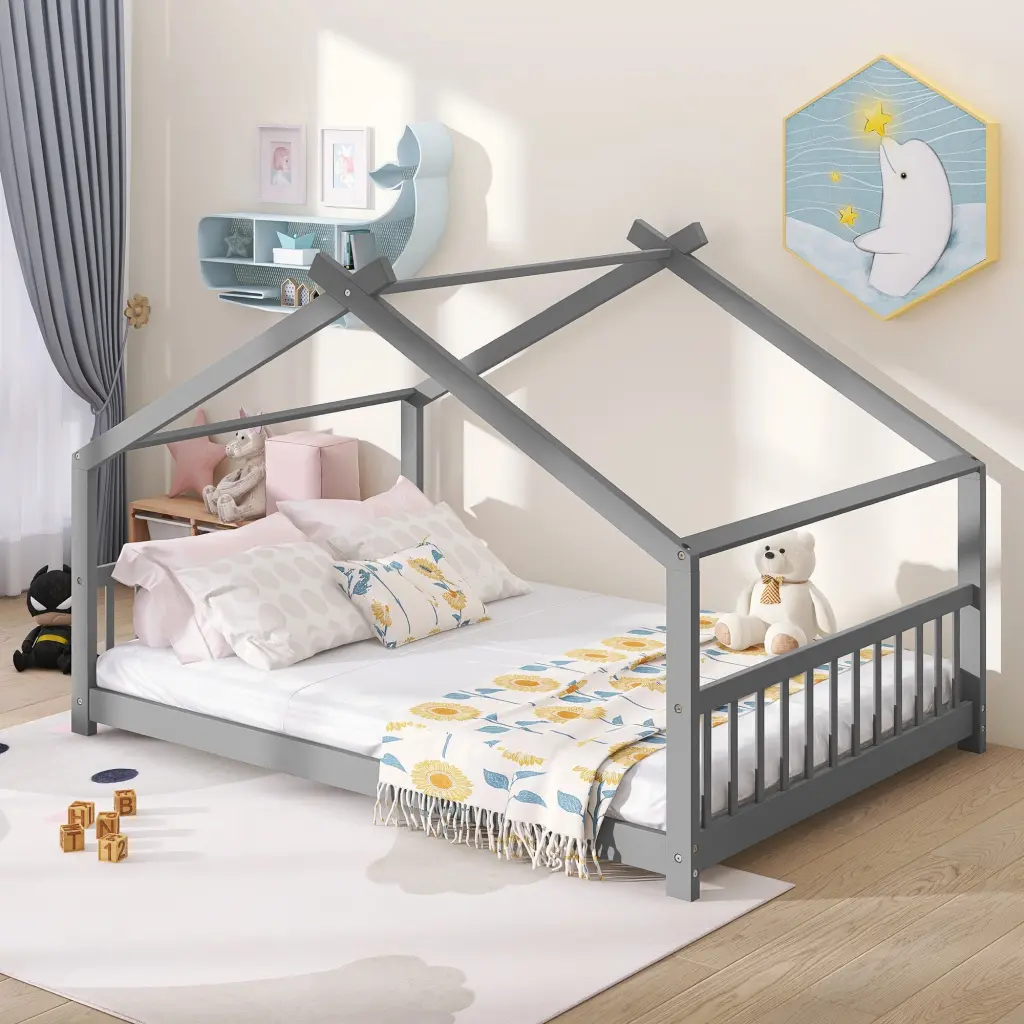 Full Size Houtilize Wood Bed Frame Gray Solid Wood Platform Bed lucky furniture