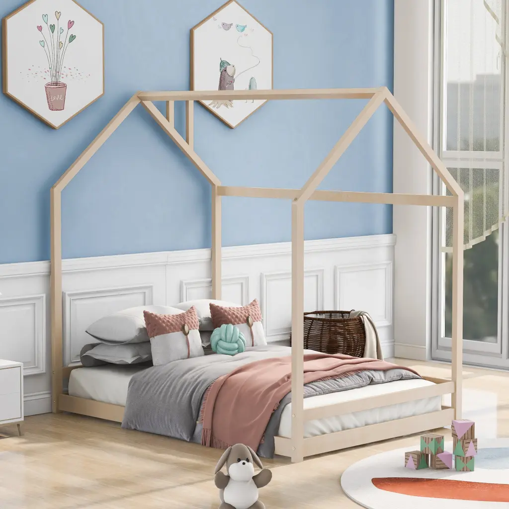Full Size Houtilize Wood Bed Natural Solid Wood Platform Bed lucky furniture