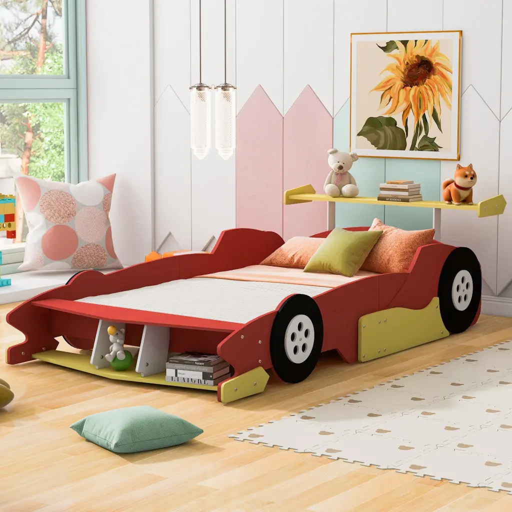 Full Size Race Car Influenced Platform Bed Wheels Red Plywood lucky furniture