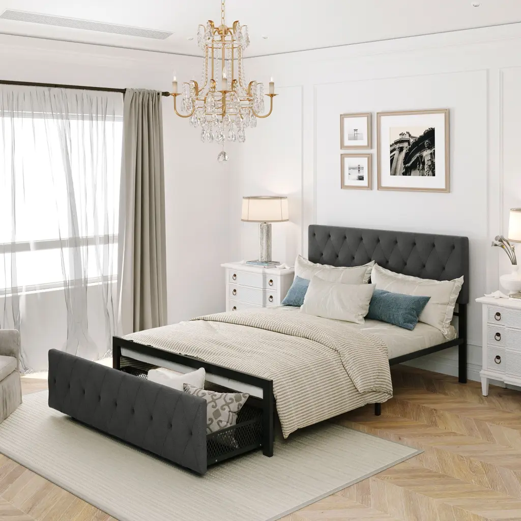 Full Size Storage Bed Metal Platform Large Drawer Gray Frame lucky furniture