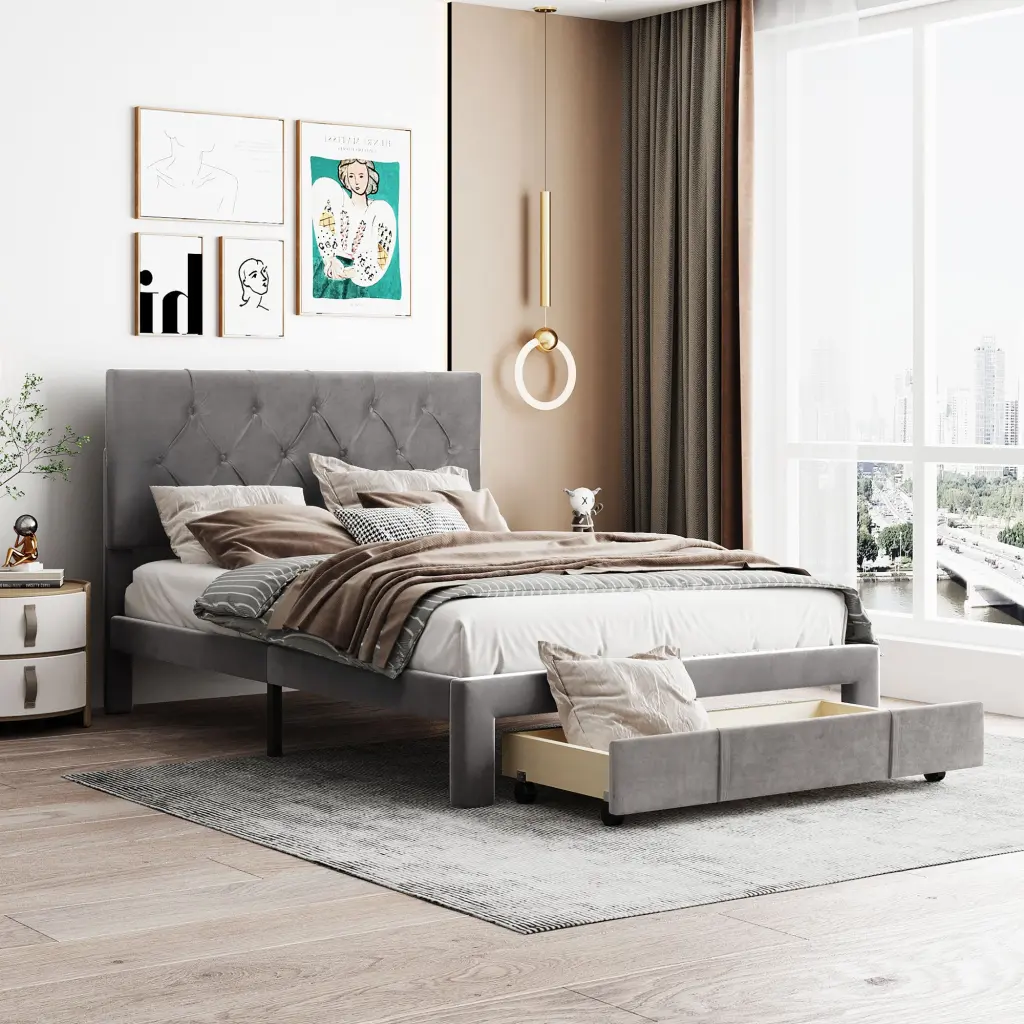Full Size Storage Bed Velvet Upholstery and Big Drawer lucky furniture