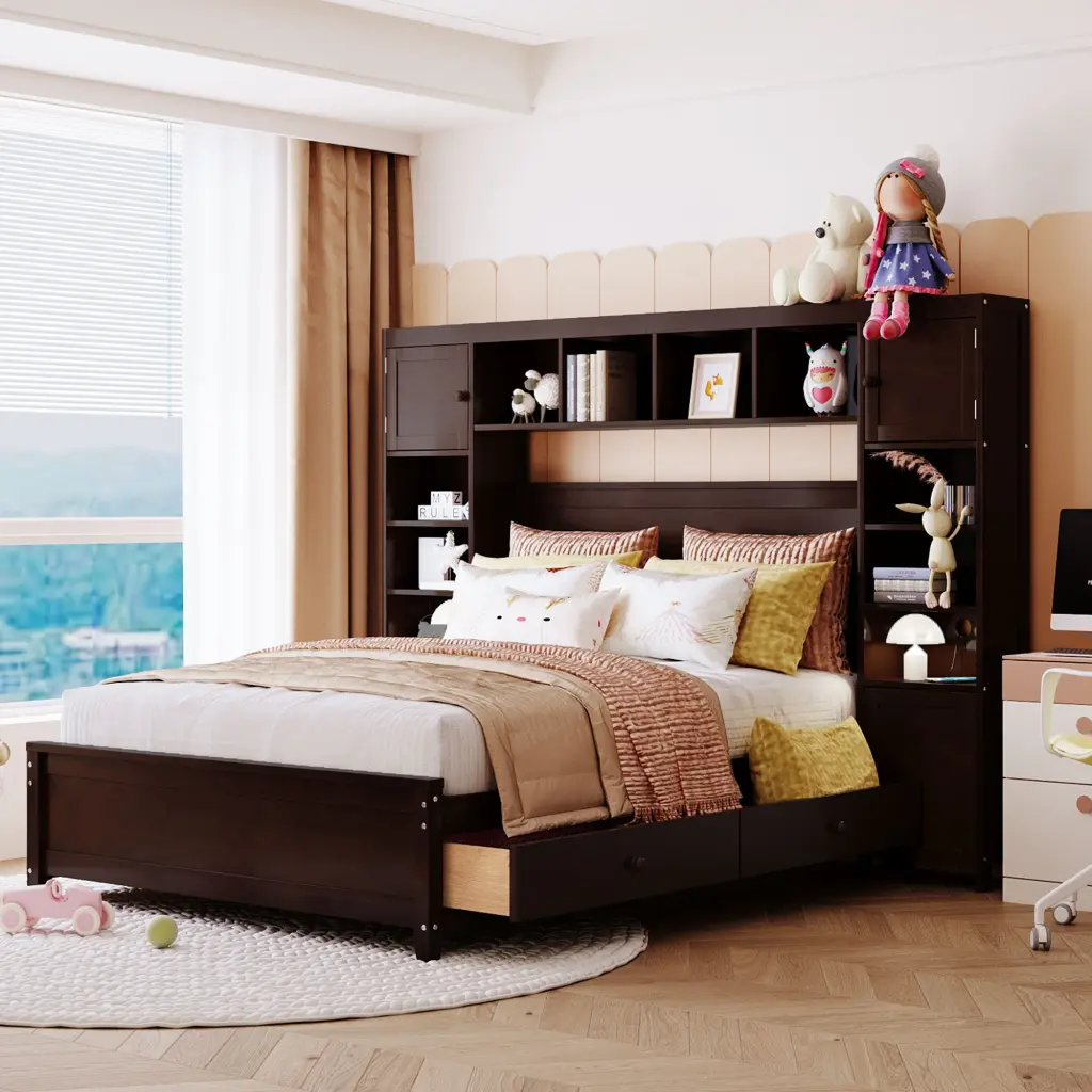Full Size Timberen Bed All One Cabinet and Shelf Espresso Finish lucky furniture