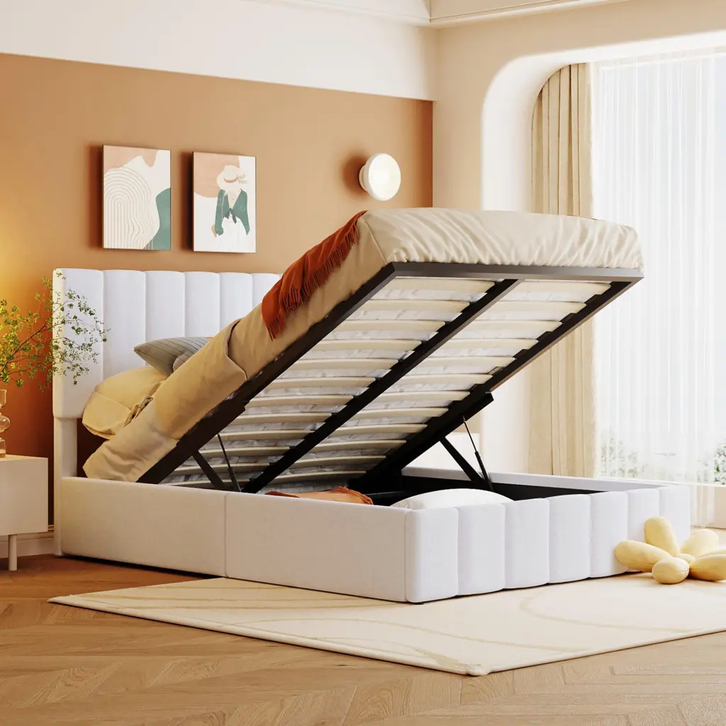 Full Size Upholstered Platform Bed Hydraulic Storage System White lucky furniture