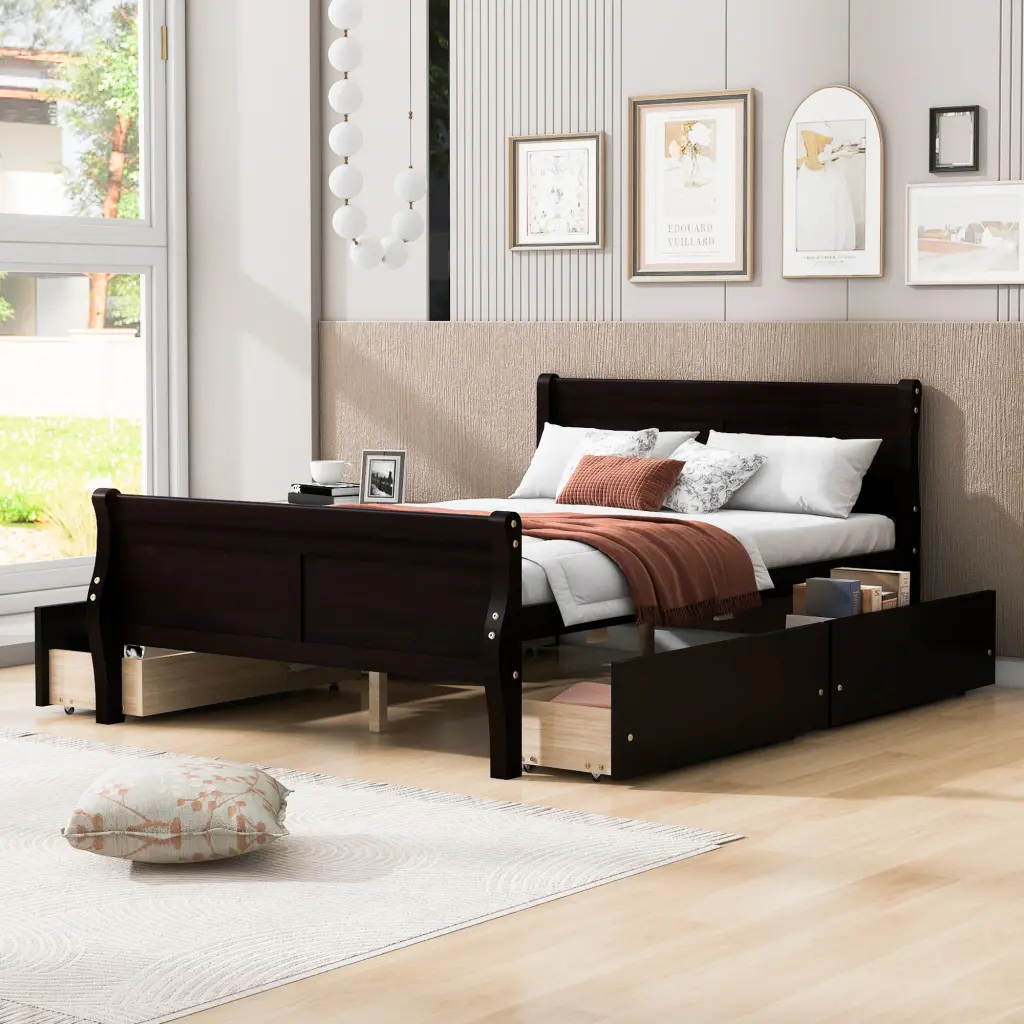 Full Size Wood Platform Bed 4 Drawers and Simplified Headboard lucky furniture
