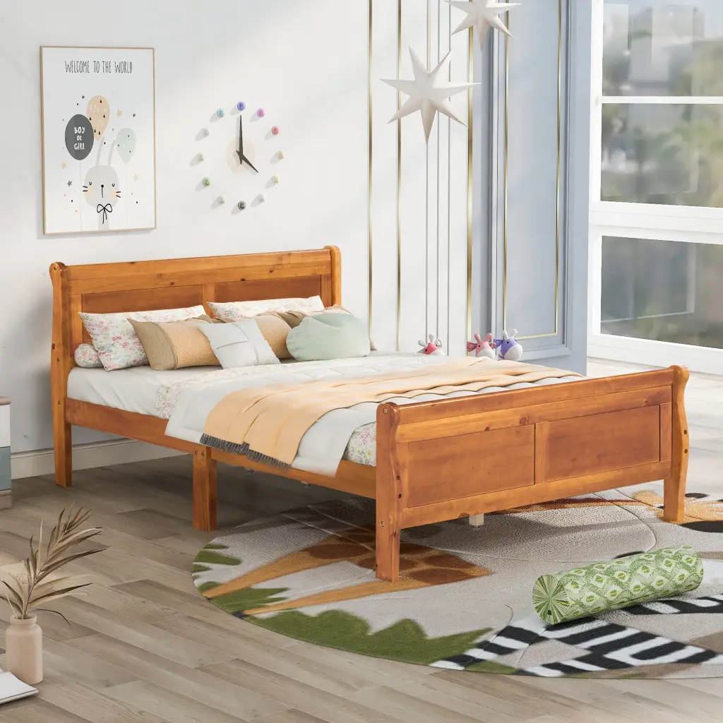 Full Size Wood Platform Bed Headboard And Wooden Slats Solid Oak Frame lucky furniture