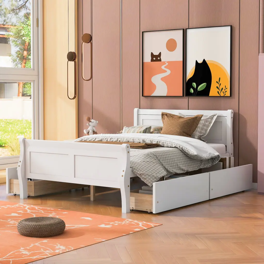 Full Timber Platform Bed 4 Drawers and Streamlined Headboard lucky furniture