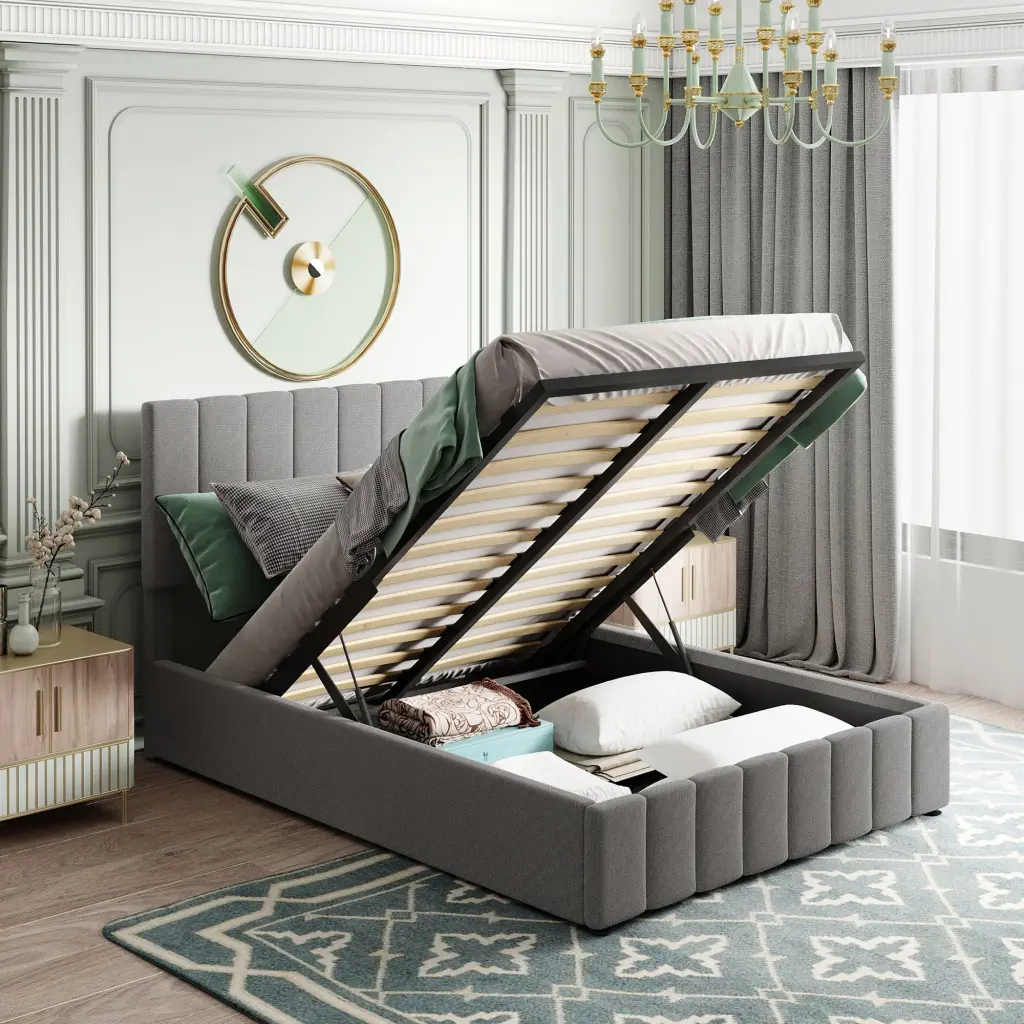 Full Upholstered Platform Bed Hydraulic Storage System Gray lucky furniture