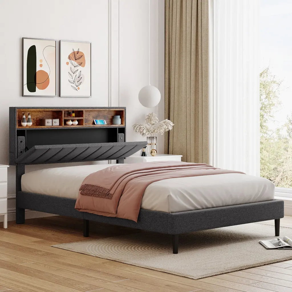 Full Upholstered Platform Bed Storage Headboard and USB Port lucky furniture