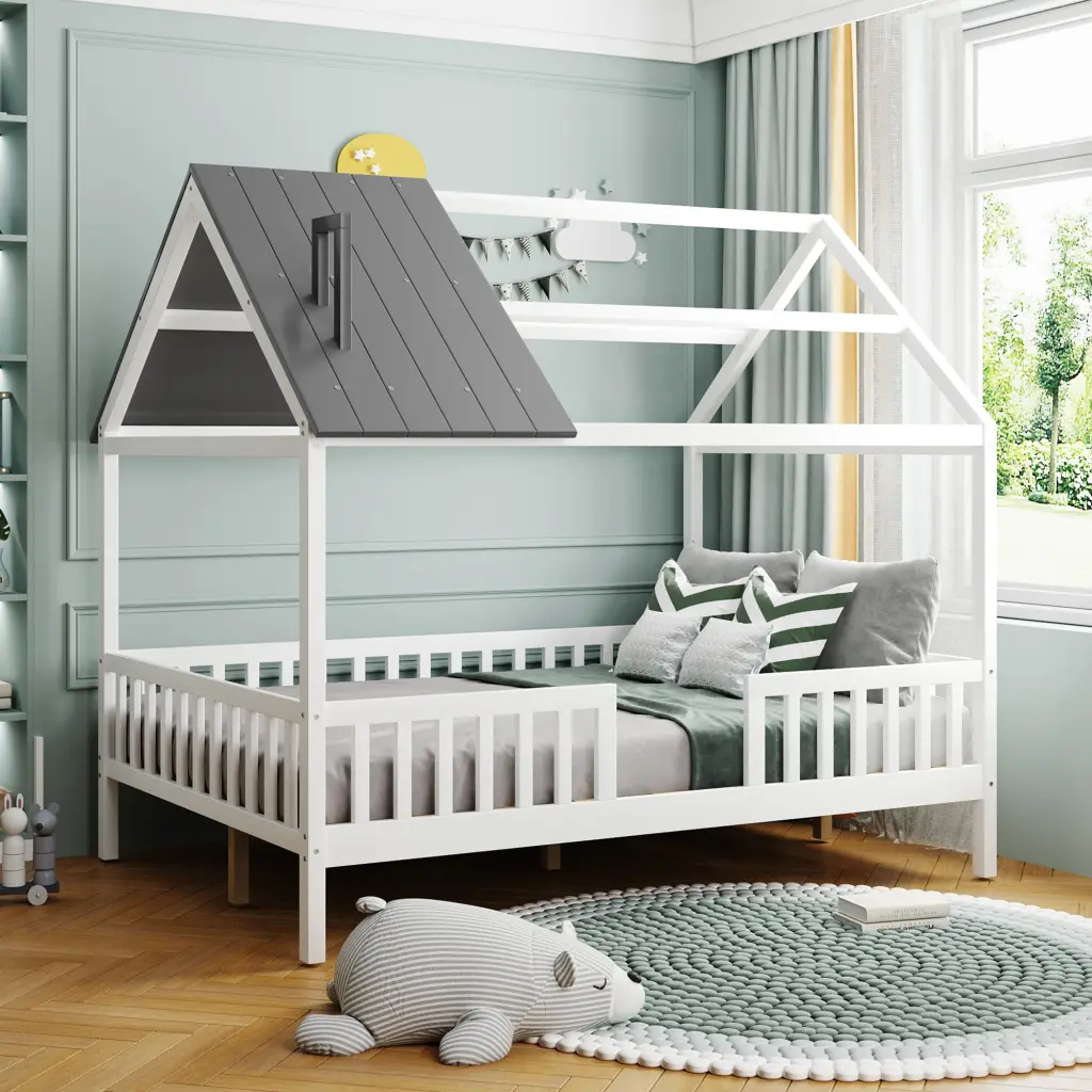 Full Wood Houtilize Bed Fence White Gray Solid Wood Frame lucky furniture