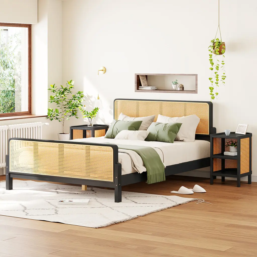 3 Piece Rattan Platform Full Size Bed Set 2 Nightstands - Espresso Bedroom Furniture lucky furniture