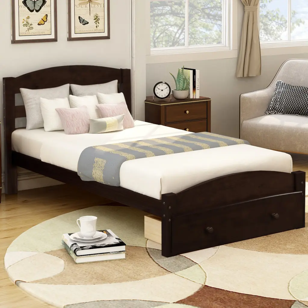 Platform Twin Bed Frame Storage Drawer And Wood Slats No Box Spring lucky furniture