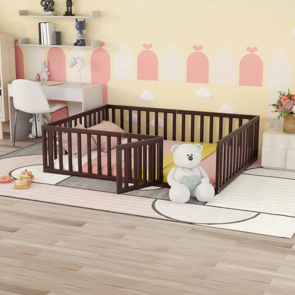 Queen Dimensions Wood Floor Bed Frame Fence And Door Walnut lucky furniture
