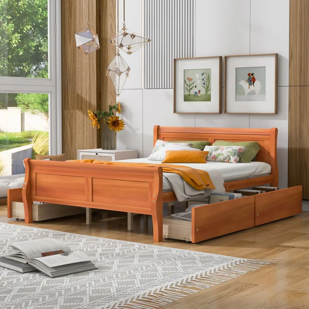 Queen Dimensions Wood Platform Bed 4 Drawers And Simplified Headboard lucky furniture