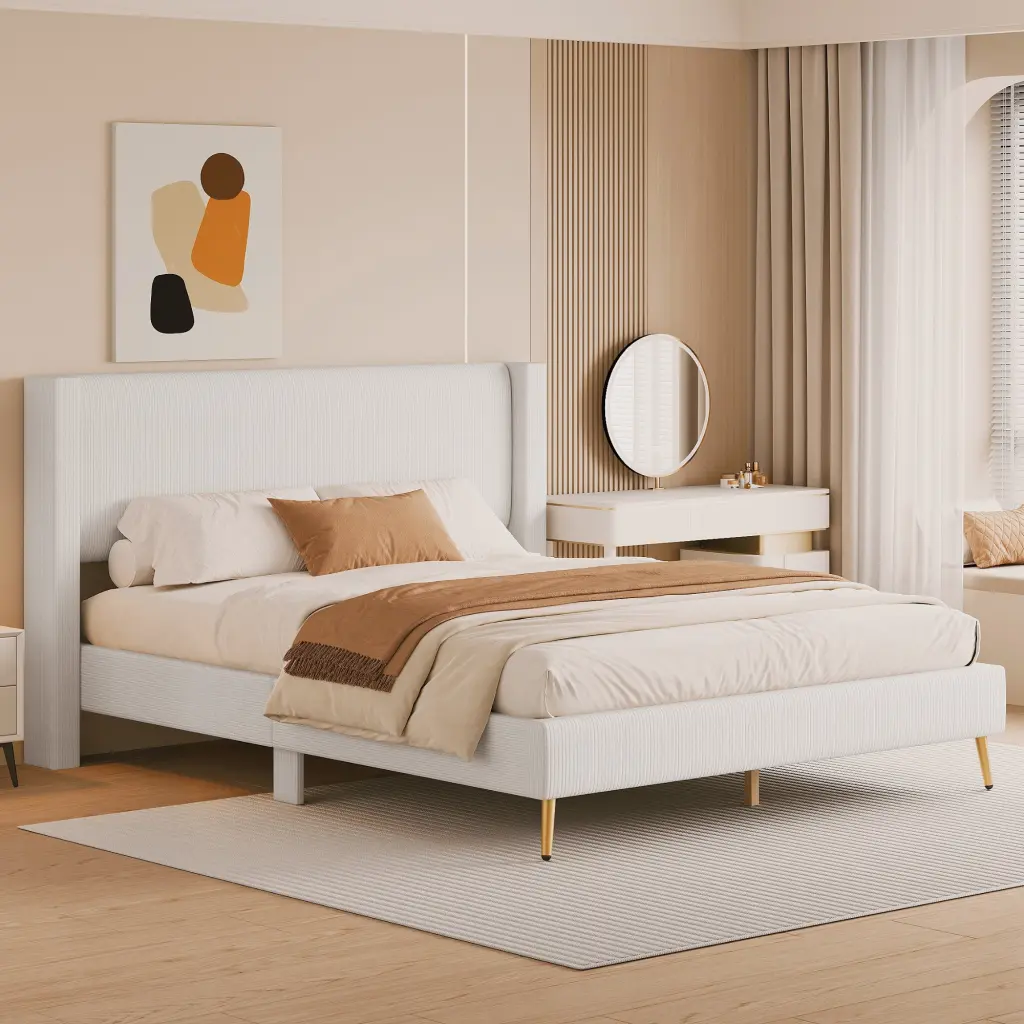 Queen Size Corduroy Platform Bed Metallic Legs Beige lucky furniture