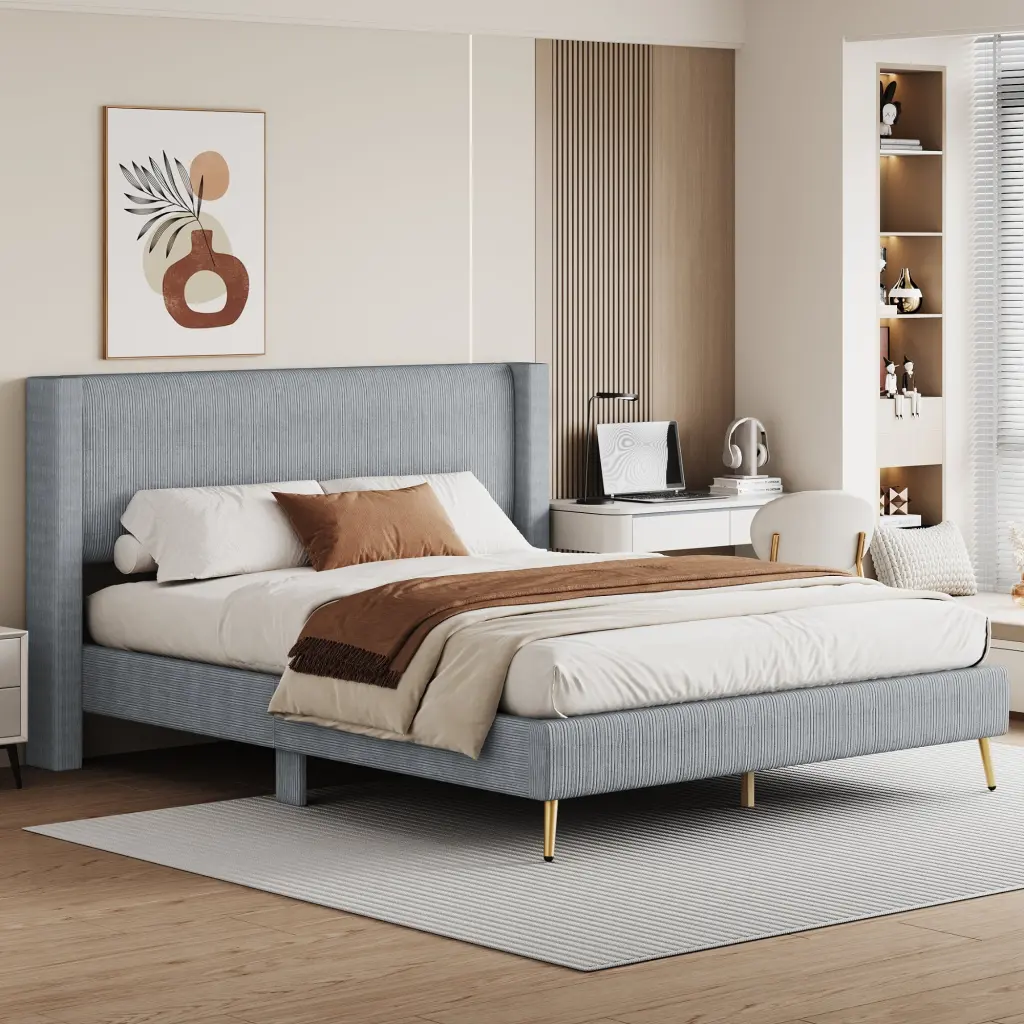 Queen Size Corduroy Platform Bed Metallic Legs Gray - Modern Bed Frame lucky furniture